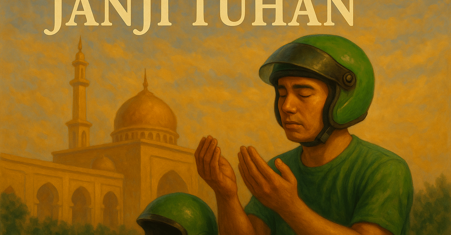 Ilustrasi tukang ojek online bertaubat dan berdoa sehabis sholat jamaah