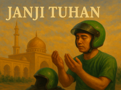 Ilustrasi tukang ojek online bertaubat dan berdoa sehabis sholat jamaah
