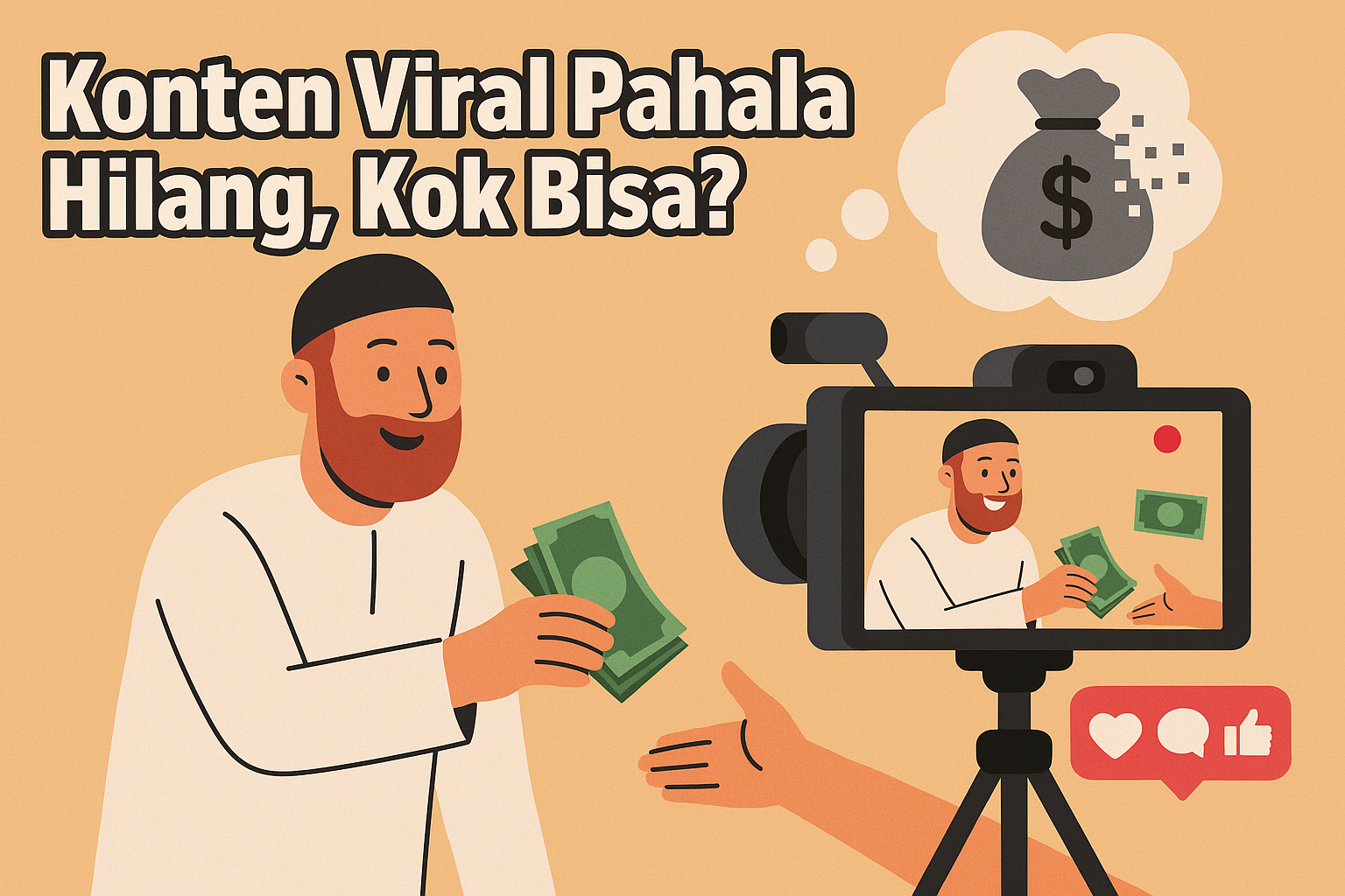 Ilustrasi amal sebagai konten di depan kamera, seseorang tengah membagikan harta kepada orang lain dan direkam kamera.